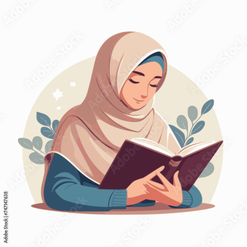 illustration of muslim woman reading quran during ramadan. vector style, isolated white background