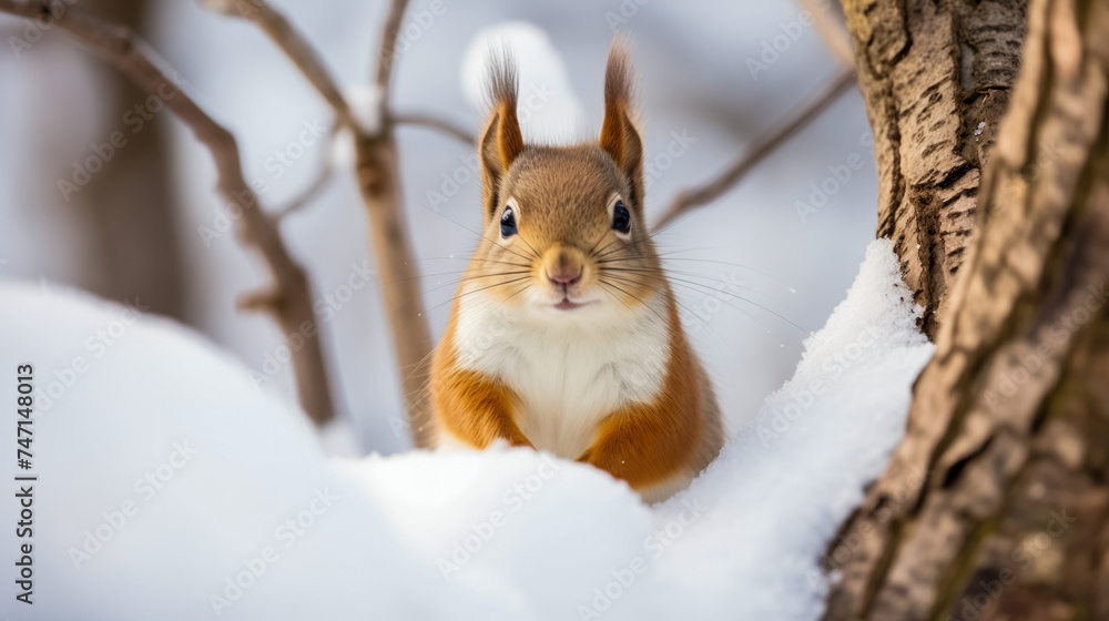 Alert red squirrel in a snowy tree nook Alert red squirrel in a snowy tree nook