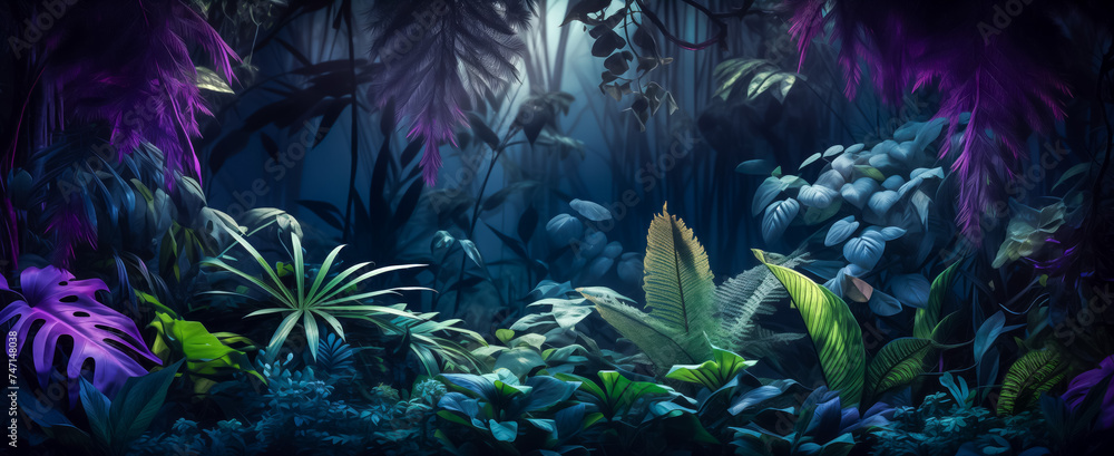 Enigmatic twilight jungle with vibrant purple foliage Enigmatic twilight jungle with vibrant purple foliage