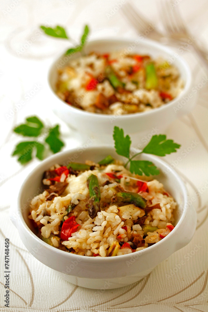 Risotto with mushrooms and wild asparagus. Risotto with mushrooms and wild asparagus.