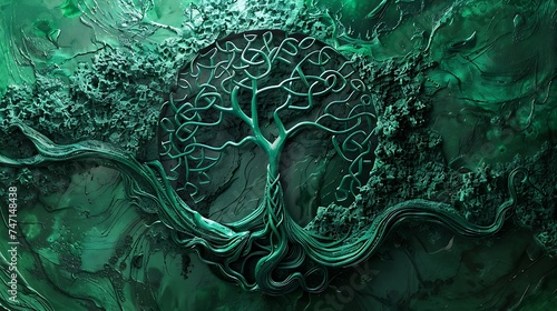 the Celtic symbol of the Tree of Life and Death, rendered in a bright emerald color. The intricate designs incorporate roots, branches, leaves, and knots, representing the interconnectedness photo