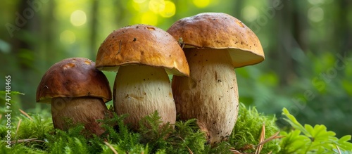 Three agaricaceae mushrooms are sprouting from the mossy groundcover in the natural landscape of the woods.