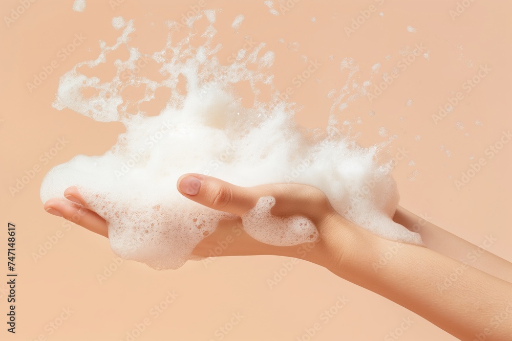 Womans hands cradles a cluster of white, bubbly soap foam against a warm beige backdrop Womans hands cradles a cluster of white, bubbly soap foam against a warm beige backdrop