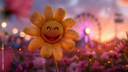 Flower with smile, glitter, at Coachella, Ferris wheel backdrop, sunset hues. Flower smiles with glitter at Coachella, near Ferris wheel, at sunset.