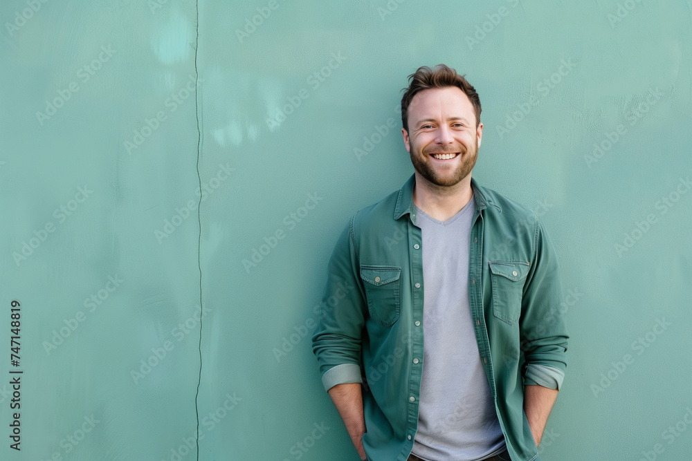 Obraz premium Joyful Man with a Beard Smiling Confidently in Green Shirt, Leaning Against a Textured Wall