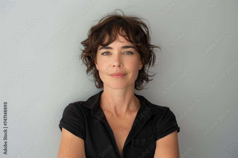 Fototapeta premium Contemporary Business Casual: Confident Woman in Chic Black Shirt with a Relaxed and Approachable Demeanor