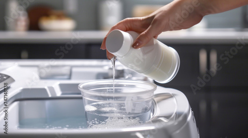 A hand pouring a capful of liquid detergent into a measuring cup before adding it to the machine.