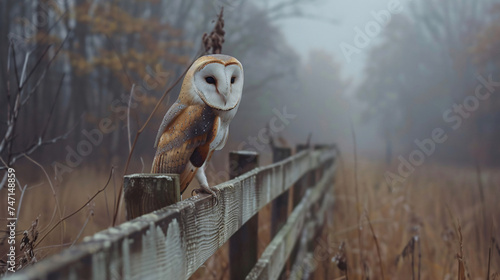 Barn owl Tyto albackground sitting on a wooden fence.  photo