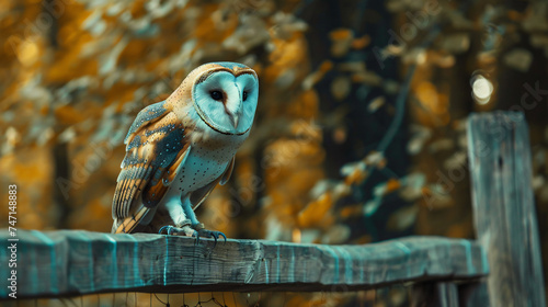 Barn owl Tyto albackground sitting on a wooden fence.  photo