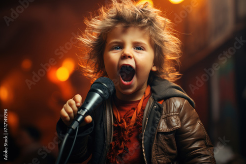 A baby holds a microphone and sings, shouting at the top of his voice