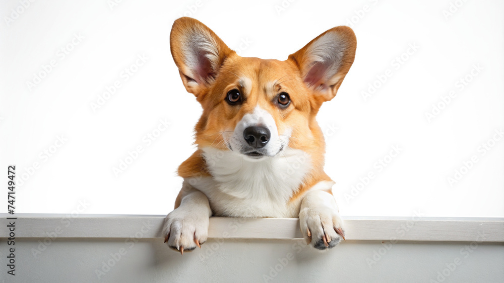 Corgi dog with paws on ledge with transparent background
