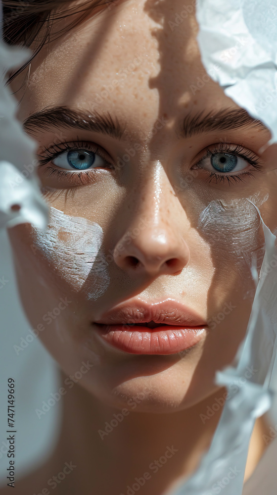 Fototapeta premium Radiant Skin Routine: Woman with Facial Cleanser, Beauty and Care, created with Generative AI technology.