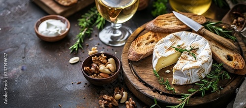 On a wooden cutting board lies a piece of cheese next to a glass of wine, creating a perfect pairing for a sophisticated snack or appetizer.