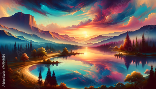 Serene Lakeside at Sunset with Vibrant Sky Reflections, Generative AI