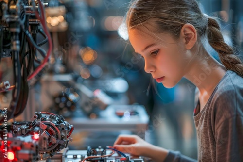 Young Girl Engaging in Robotics Engineering with Concentration and Curiosity, Learning Modern Technology and Innovation in Science Education Environment