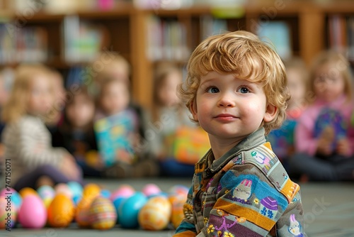 Adorable Toddler with Curly Hair Participating in Easter Egg Hunt in Library Setting with Children in Background