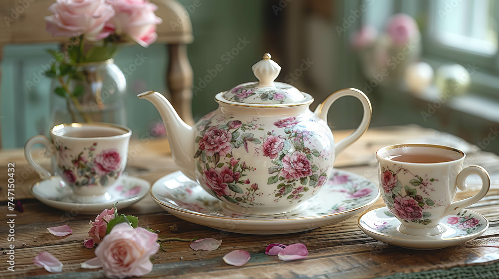 Cup of tea and a teapot on a wooden background, vintage tea set. Cup of tea and a teapot on a wooden background, vintage tea set.