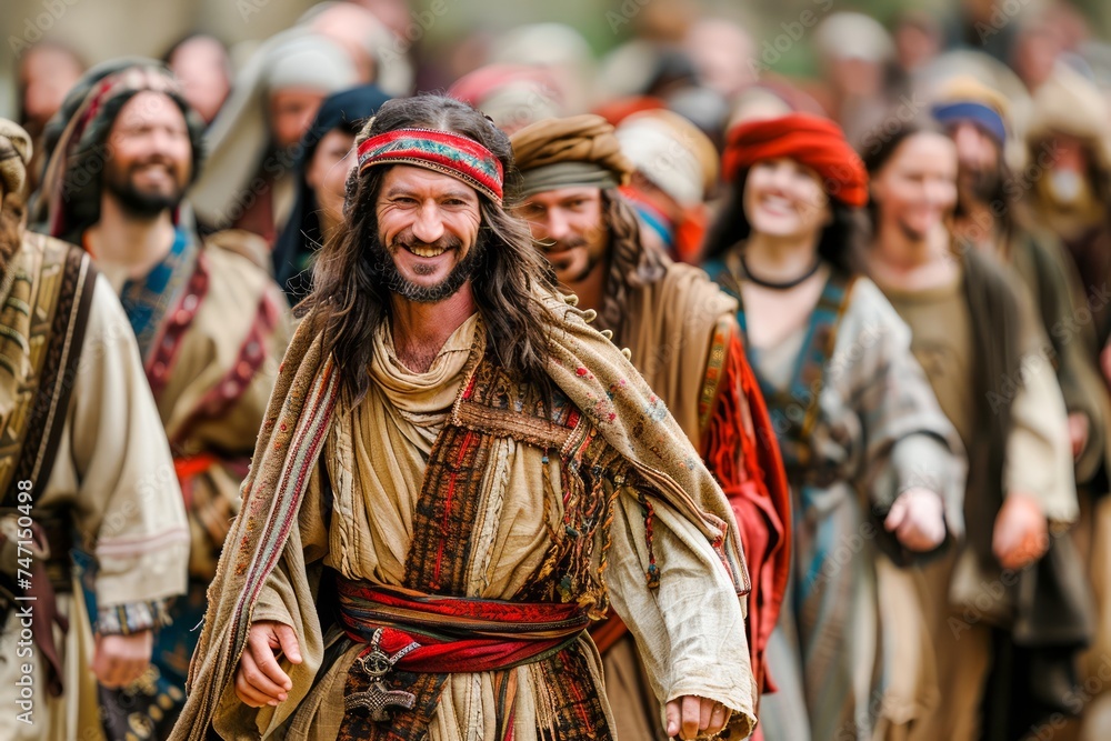 Fototapeta premium Historical Reenactment of a Medieval Gathering with Smiling Man in Traditional Costume