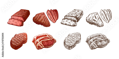 Organic food. Hand-drawn colored and monochrome vector sketches of grilled beef steaks, pieces of meat. Vintage illustration. Decorations for the menu. Engraved image..
