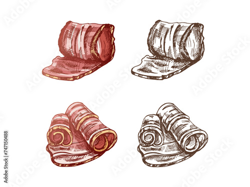 Hand-drawn colored and monochrome vector sketch set of bacon, hamon or pork meat, ham slices. Italian prosciutto vintage sketch. Butcher shop. Great for label, restaurant menu. Engraved image.. photo