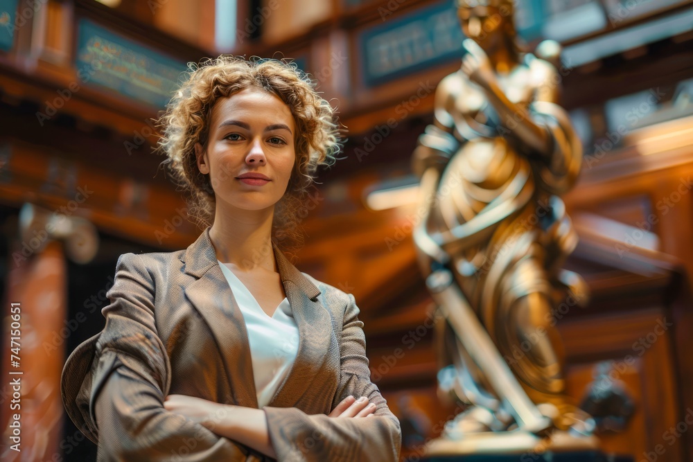Confident Young Woman with Curly Hair Standing in Elegant Library with Classic Statue in Background