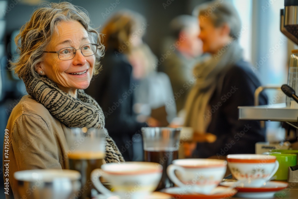 Smiling Mature Woman Enjoying Coffee at Cozy Café, Relaxed Atmosphere with Customers in Background