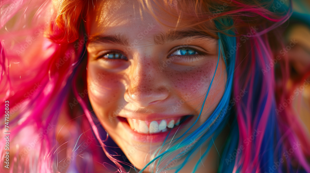 Close Up Portrait of teenager girl With Blue and Pink Hair