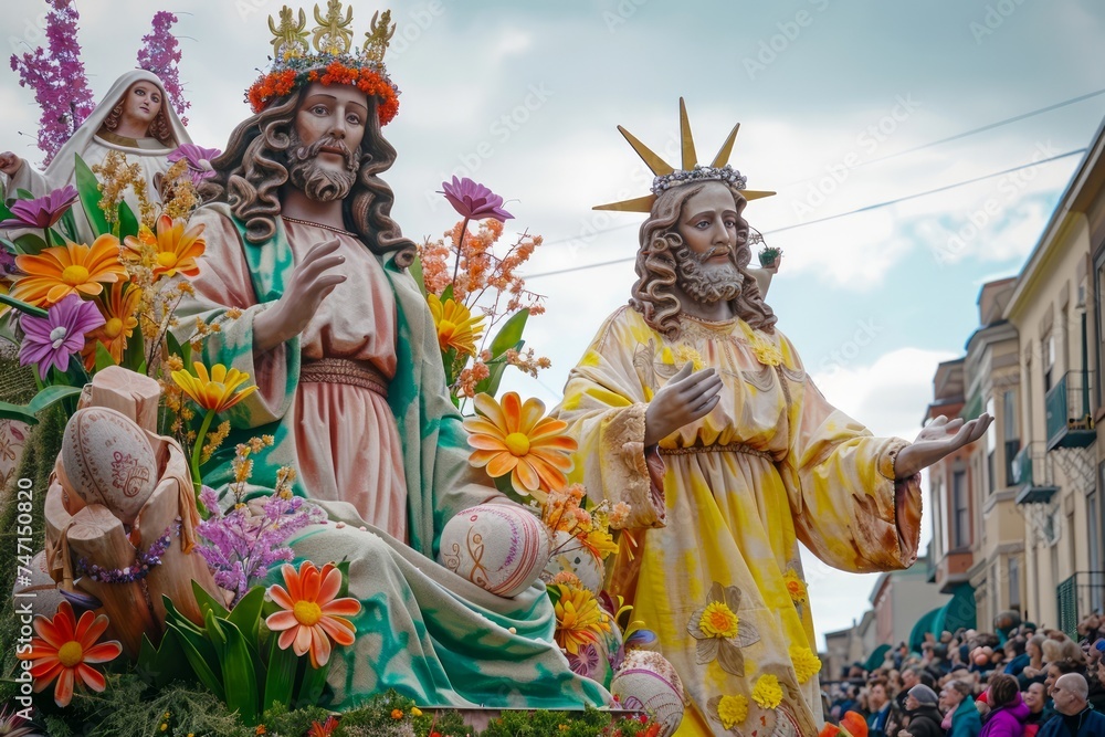Colorful Religious Procession Statues with Easter Symbols and Floral Decorations during Holy Week