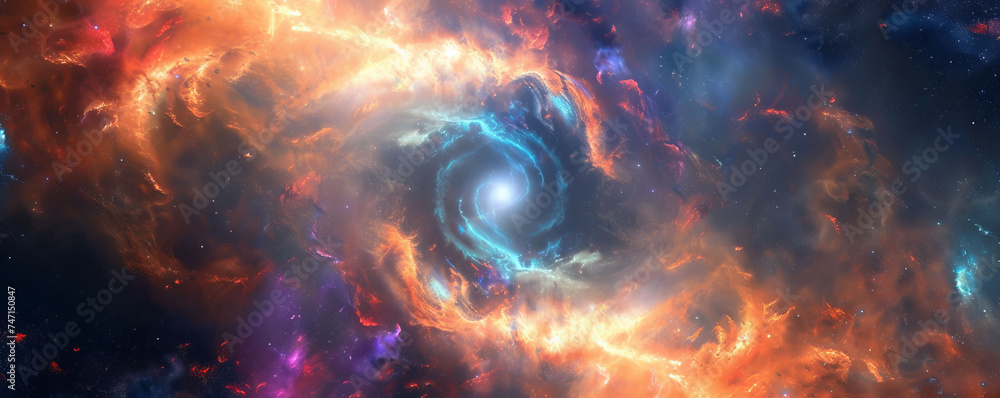 Convergence of Multihued Light Streaks Toward the Event Horizon Among Nebula Clouds and Remote Stars - obrazy, fototapety, plakaty 