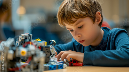 Boy constructing Robot in a robotics club