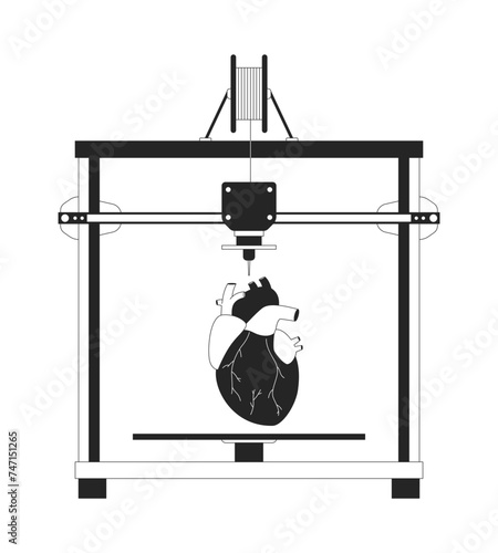 Artificial heart on 3d printer black and white 2D line cartoon object. Additive manufacturing device isolated vector outline item. Technology three-dimensional monochromatic flat spot illustration