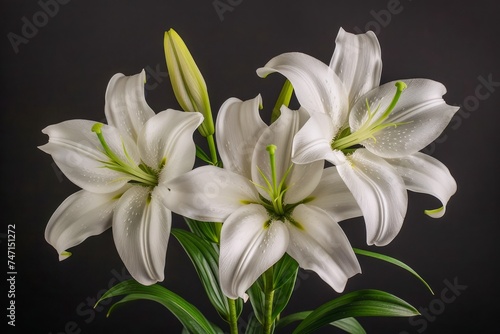 Beautiful White Lily Flowers with Fresh Dew Drops on Dark Background for Elegant Floral Wallpapers and Decorations