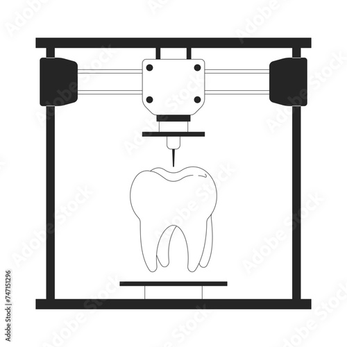 Dental implant denture on 3d printer black and white 2D line cartoon object. Additive manufacturing device isolated vector outline item. Tech three-dimensional monochromatic flat spot illustration