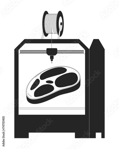 Synthetic meat on 3d printer black and white 2D line cartoon object. Additive manufacturing device isolated vector outline item. Technology three-dimensional monochromatic flat spot illustration