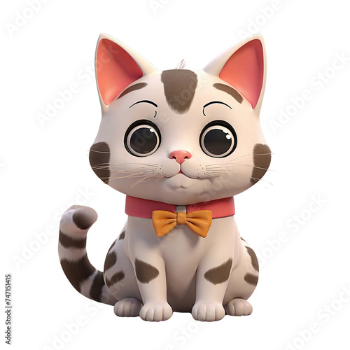 Adorable 3D Rendered black spot Tabby Kitten with a Charming orange Bow Tie Sitting Playfully Isolated on transparent Background, Perfect for Children's Illustrations and Pet-Themed Design Elements