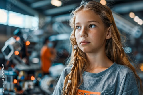 Young Girl with Braided Hair Contemplating in an Industrial Setting with Warm Light and Blurred Background