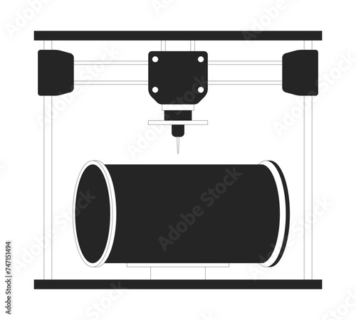 Pipeline part on 3d printer black and white 2D line cartoon object. Additive manufacturing device isolated vector outline item. Technology three-dimensional monochromatic flat spot illustration