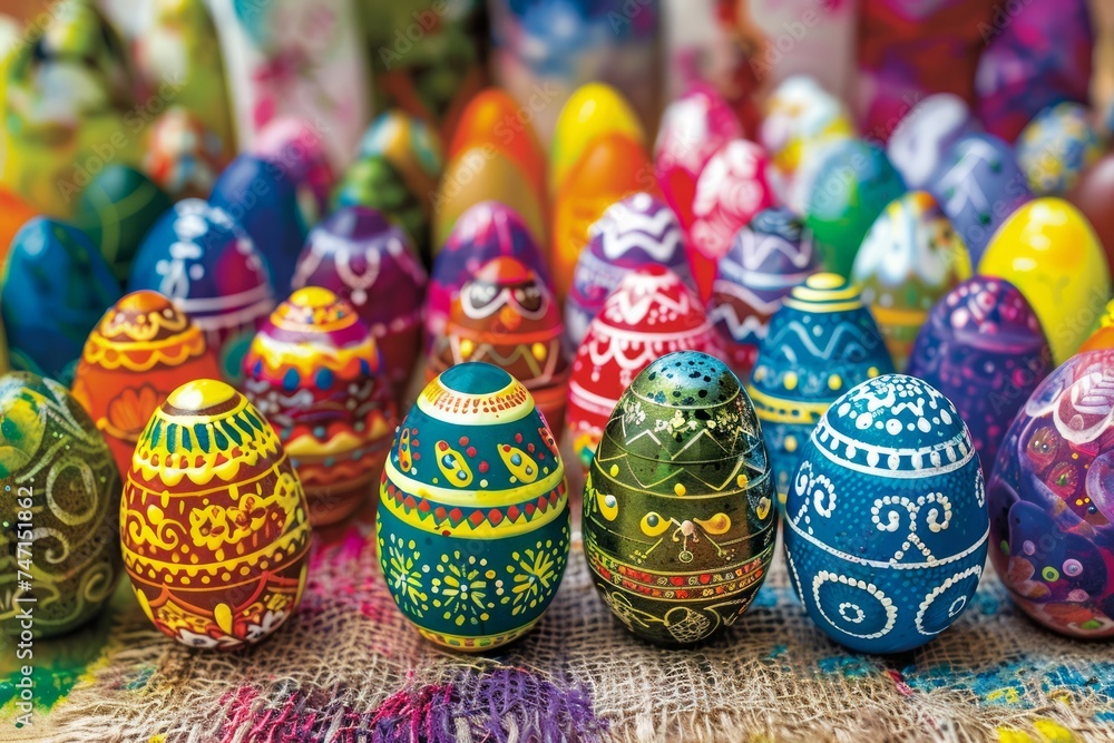 Colorful Hand-Painted Easter Eggs with Intricate Patterns on Traditional Fabric Background
