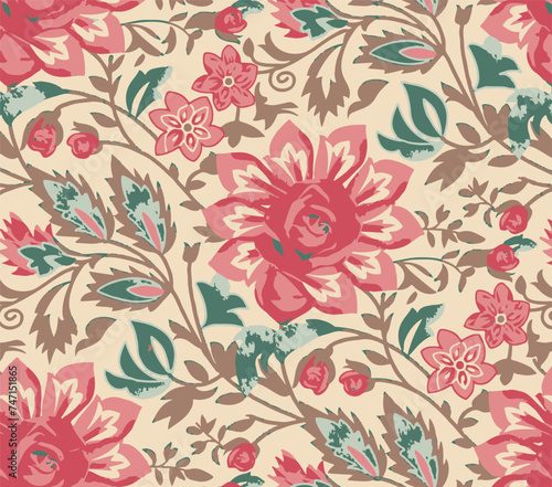 seamless pattern on autumn theme. Trendy print with cute embroidery of flowers and leaves
