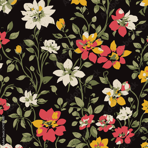 seamless pattern on autumn theme. Trendy print with cute embroidery of flowers and leaves