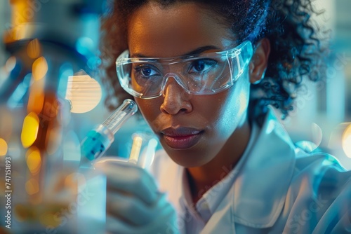 Professional African-American Female Scientist Conducting Experiment in Modern Laboratory