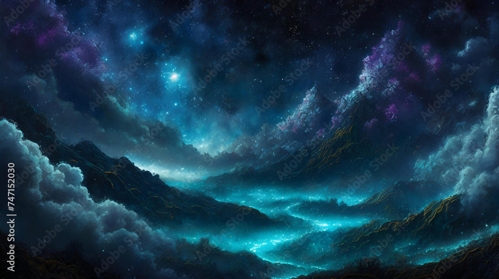 A photo of a starry sky, a fairy-tale landscape in blue, navy blue, purple, an enchanted land A photo of a starry sky, a fairy-tale landscape in blue, navy blue, purple, an enchanted land