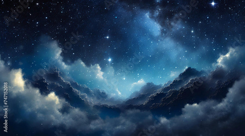 Photo of a starry sky, a fairy-tale landscape in blue, navy blue, purple