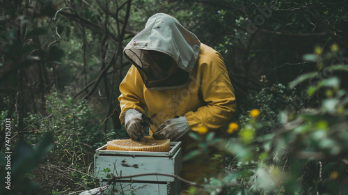 Beekeeper removing honeycomb from beehive 