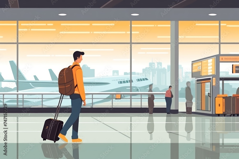 Illustration of a man at the airport with a suitcase in his hand. Travel concept. Travelling.