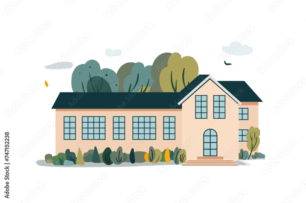 Classical school building with trees and clouds, vector mockup illustration Classical school building with trees and clouds, vector mockup illustration