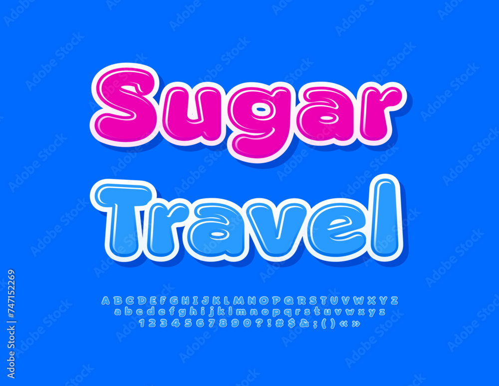 Vector sweet flyer Sugar Travel. Glossy Blue Font. Artistic Alphabet Letters and Numbers.