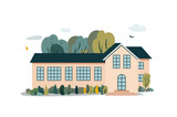 Classical school building with trees and clouds, vector mockup illustration