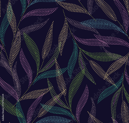 seamless pattern on autumn theme. Trendy print with cute embroidery of flowers and leaves