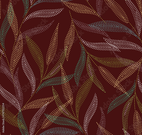 seamless pattern on autumn theme. Trendy print with cute embroidery of flowers and leaves